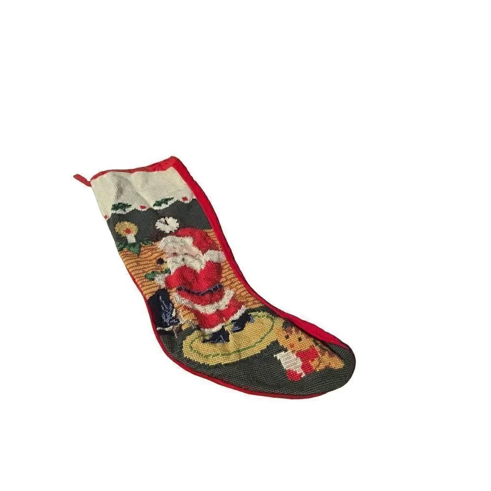 Vintage 1991 Embroidered Christmas Stocking Santa Claus and Elf by Chimney 19”